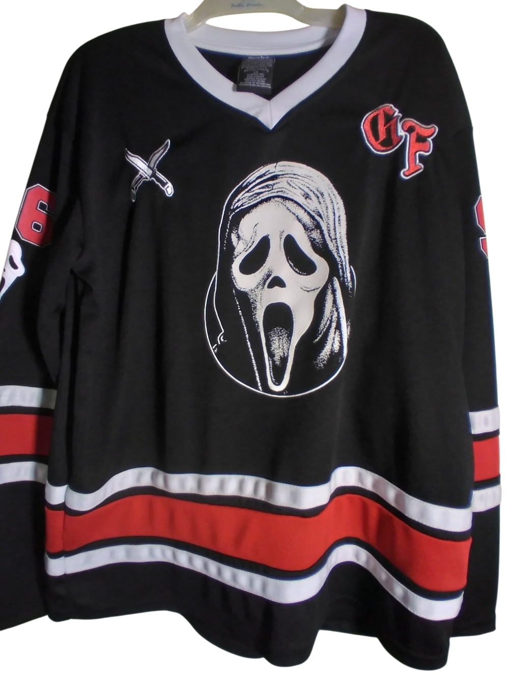 Black Scream Mask Hockey Jersey with Red & White Stripes Athletic Sports Size L